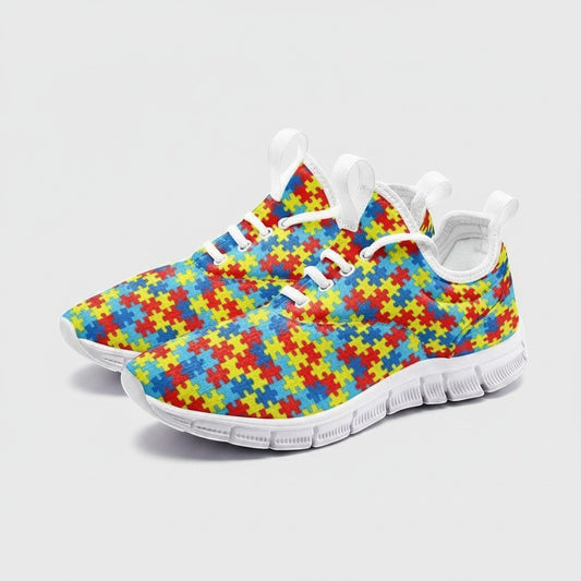 Freaky Shoes® high-top canvas sneakers featuring a colorful autism awareness puzzle piece pattern on breathable fabric.