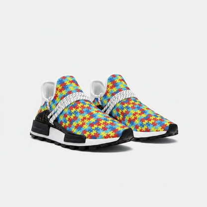 Freaky Shoes® custom high-top canvas sneakers featuring a colorful autism awareness puzzle piece pattern.