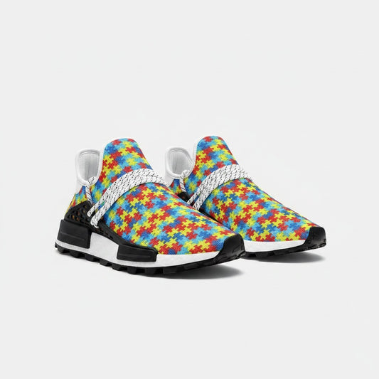 Freaky Shoes® custom high-top canvas sneakers featuring a colorful autism awareness puzzle piece pattern.