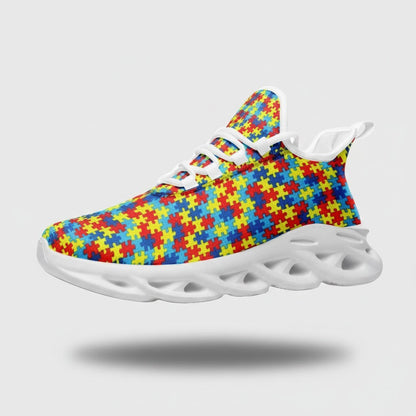 Freaky Shoes® high-top canvas sneakers featuring a colorful autism puzzle piece print and white EVA sole.