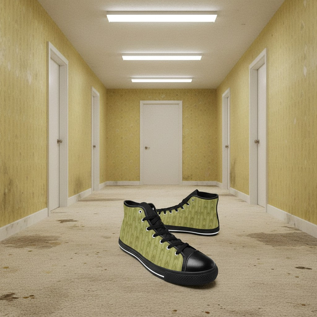 Men's Fluorescent Light Backrooms Level 0 Print -4 Sides custom high-top canvas shoes — wearable art by Freaky Shoes