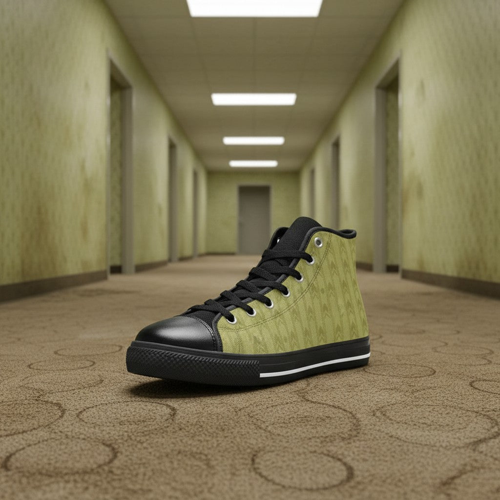 Men's Fluorescent Light Backrooms Level 0 Print -4 Sides custom high-top canvas shoes — wearable art by Freaky Shoes