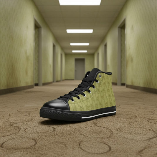 Freaky Shoes® men's high-top canvas sneakers with a yellow Backrooms Level 0 print, black toe cap, and black laces.
