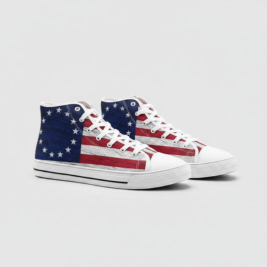 Freaky Shoes® Betsy Ross flag high-top canvas sneakers with white laces and a classic rounded toe design.