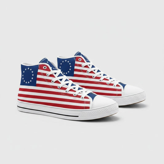 Freaky Shoes® high-top canvas sneakers featuring a Betsy Ross flag print with thirteen stars and red and white stripes.