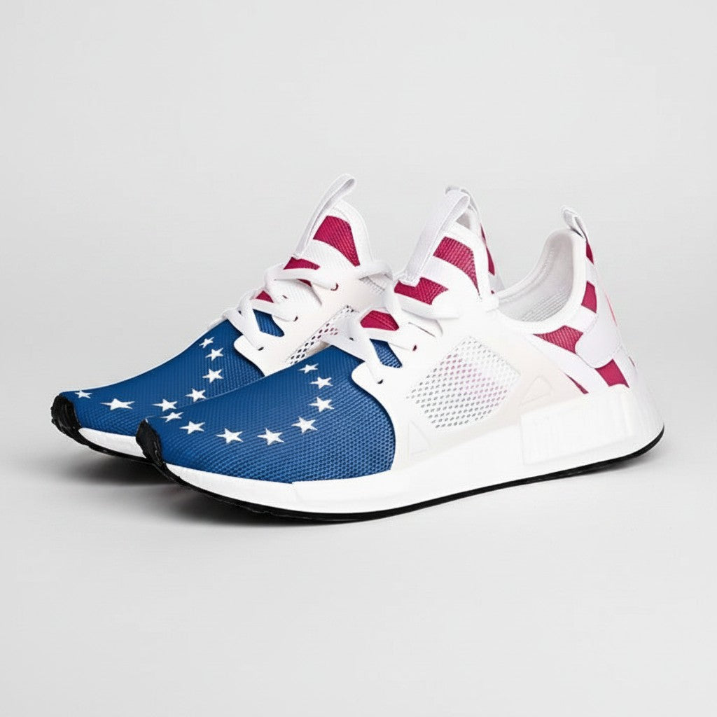 Freaky Shoes® Betsy Ross flag high-top canvas sneakers with blue, white, and red patriotic star design.