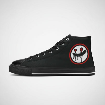 Freaky Shoes® men's black high-top canvas sneakers featuring a custom dripping face logo art design on the side.