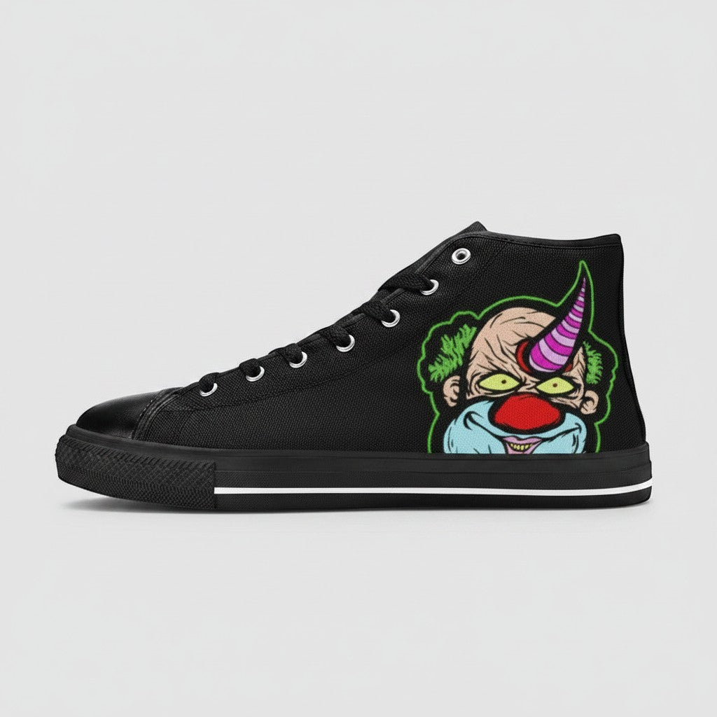 Freaky Shoes® women's black high-top canvas sneakers featuring a colorful clown graphic with a horn on the side.