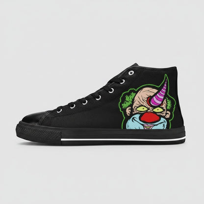 Freaky Shoes® women's black high-top canvas sneakers featuring a colorful clown graphic with a horn on the side.