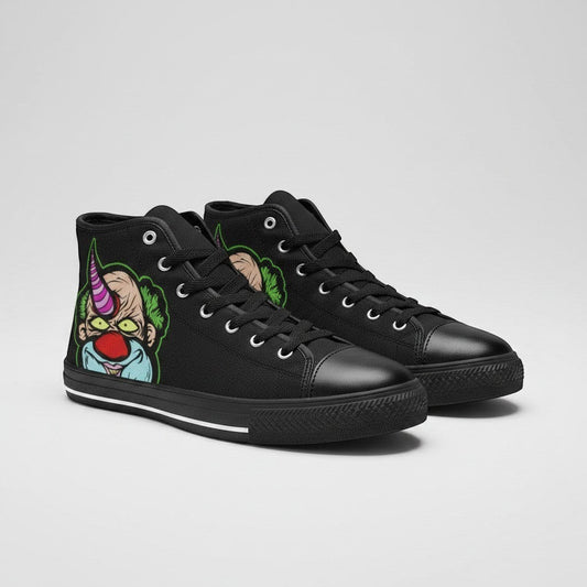Freaky Shoes® women's black high-top canvas sneakers featuring a colorful clown graphic on the side.