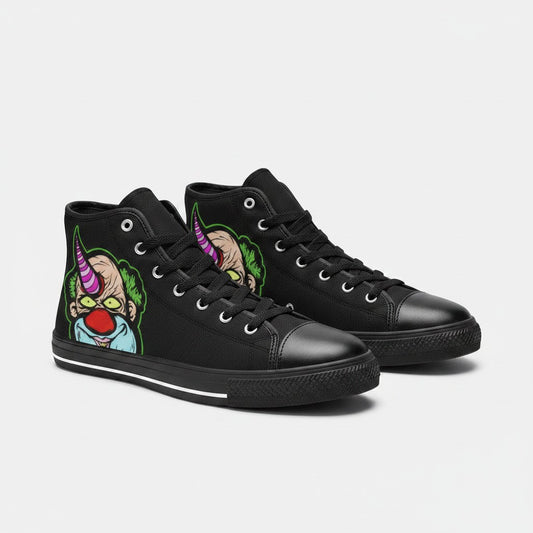 Freaky Shoes® men's black high-top canvas sneakers featuring a colorful clown graphic on the side