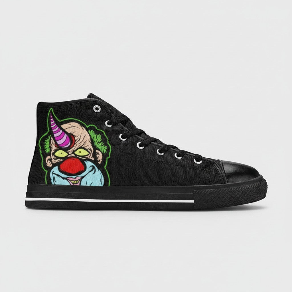Freaky Shoes® men's black high-top canvas sneakers featuring a colorful clown graphic on the side