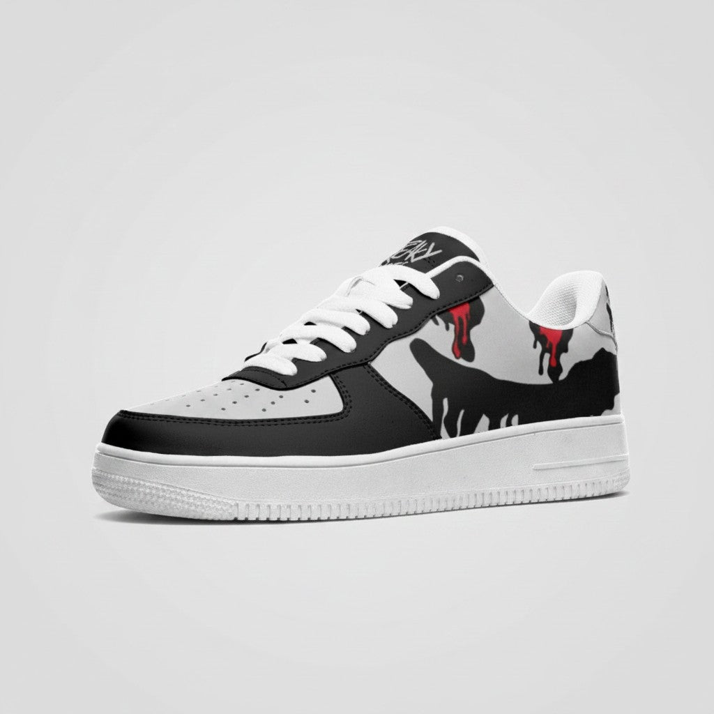 Freaky Shoes® black and grey custom low-top leather sneakers with red drip accents and white rubber soles.