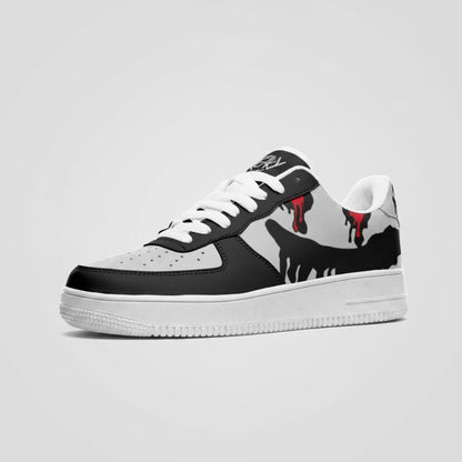 Freaky Shoes® black and grey custom low-top leather sneakers with red drip accents and white rubber soles.