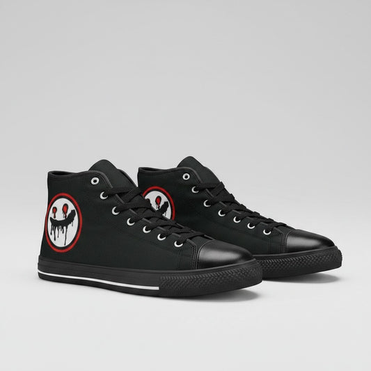 Freaky Shoes® women's black high-top canvas sneakers featuring a custom dripping face logo art design.