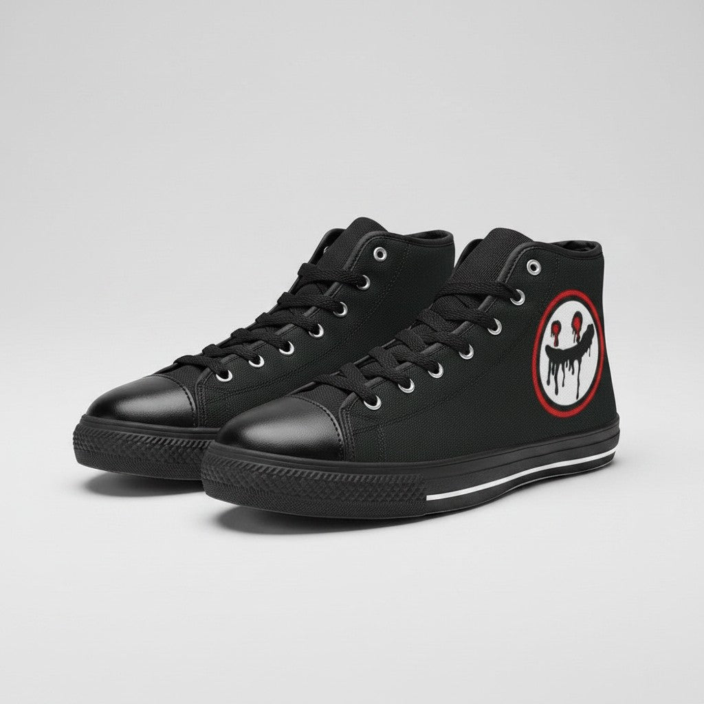 Freaky Shoes® men's black high-top canvas sneakers featuring a custom dripping face logo design on the side.