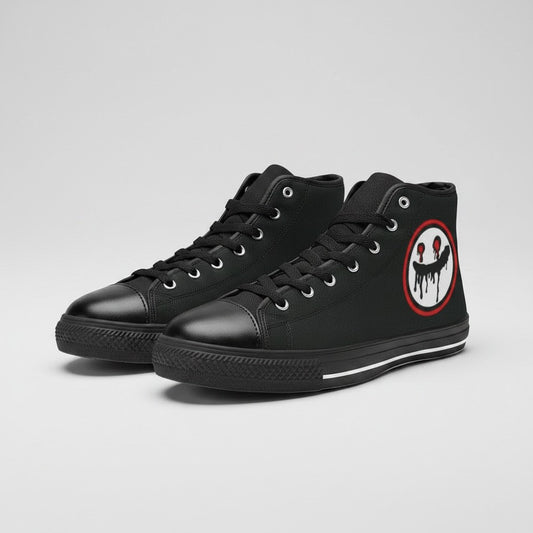Freaky Shoes® men's black high-top canvas sneakers featuring a custom dripping face logo design on the side.
