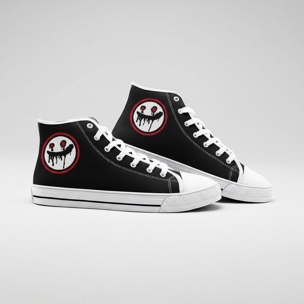 Freaky Shoes® black high-top canvas sneakers with a custom dripping smiley face logo and white lace-up closure.