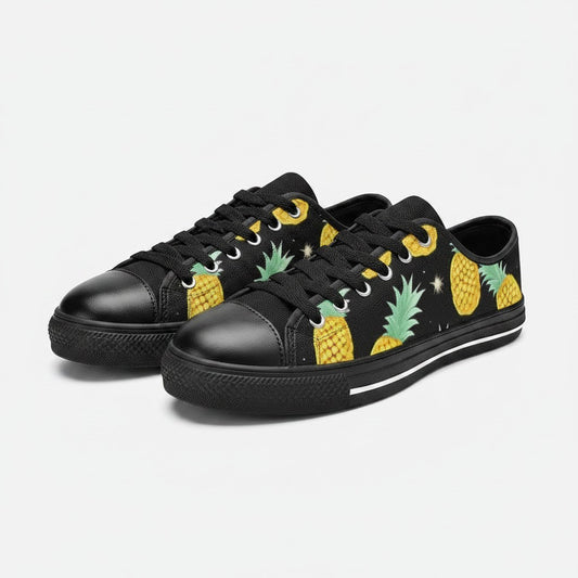 Freaky Shoes® women's black canvas low-top sneakers featuring a yellow pineapple and star pattern.