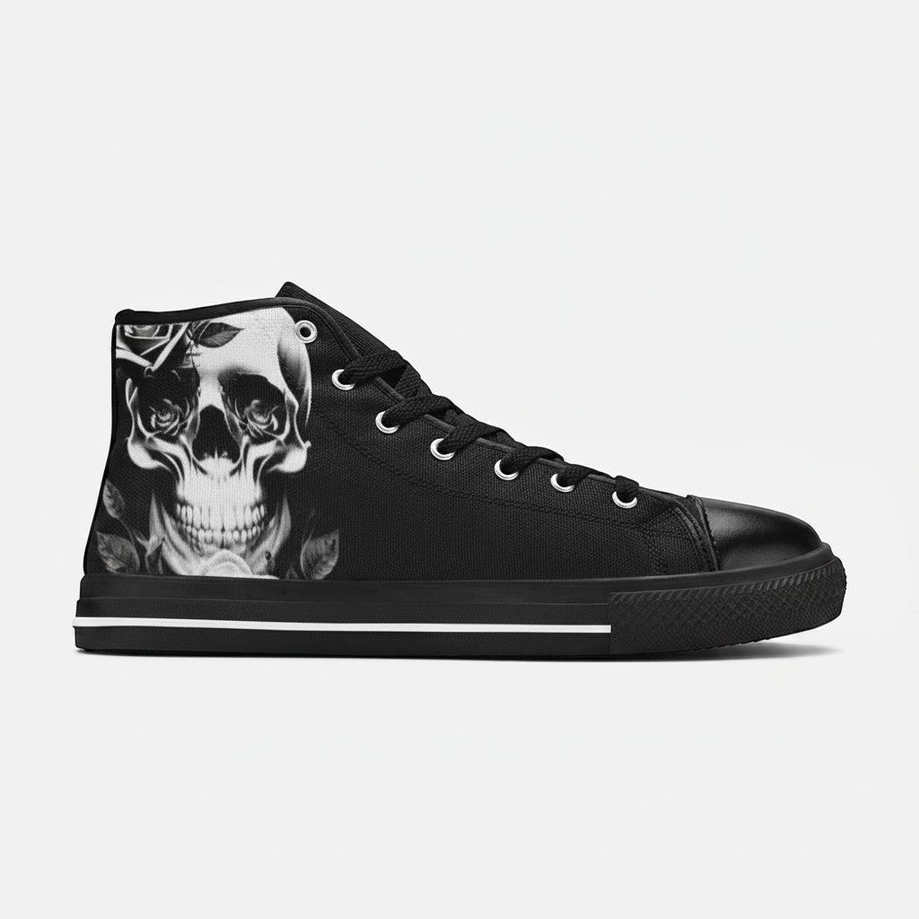 Freaky Shoes® men's black high-top canvas sneakers featuring a detailed cartoon-style skull and rose print.