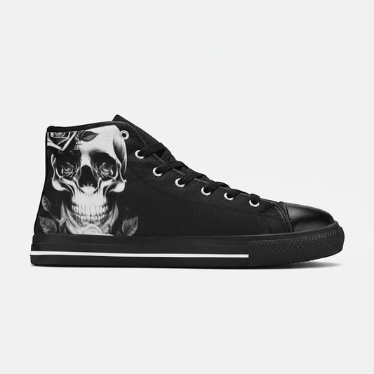 Freaky Shoes® men's black high-top canvas sneakers featuring a detailed cartoon-style skull and rose print.