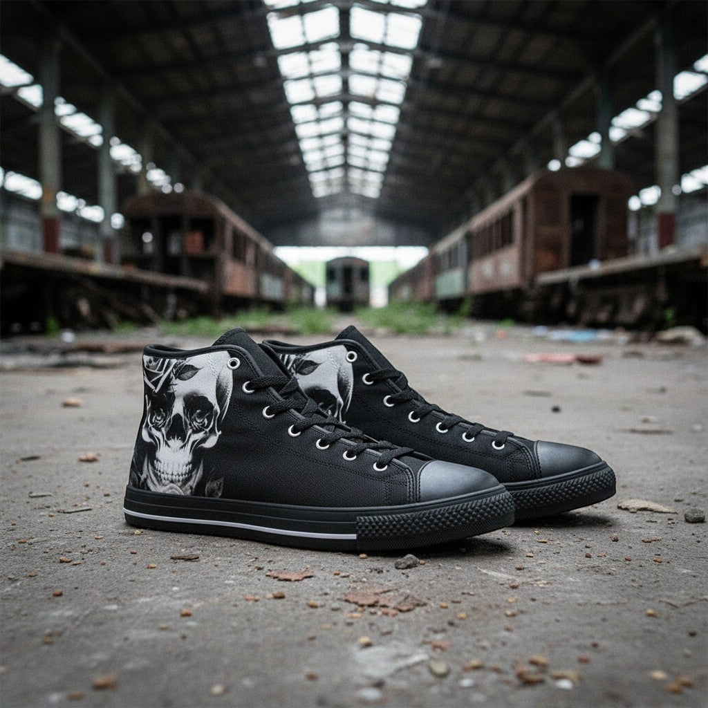 Freaky Shoes® black high-top canvas sneakers featuring a cartoon skull and rose print in an industrial train yard.