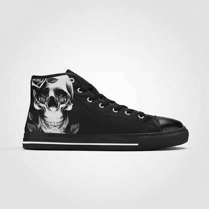 Freaky Shoes® women's black high-top canvas sneakers featuring a detailed cartoon skull and rose graphic print