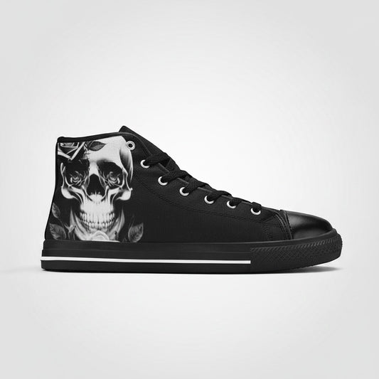 Freaky Shoes® women's black high-top canvas sneakers featuring a detailed cartoon skull and rose graphic print