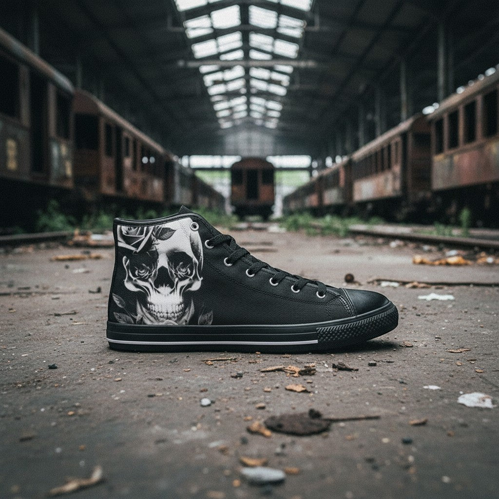 Freaky Shoes® women's black high-top canvas sneakers featuring a detailed cartoon skull and rose graphic print.