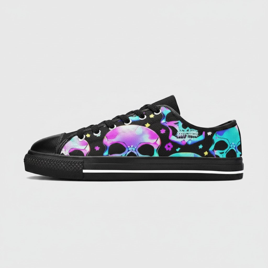Freaky Shoes® women's black canvas low-top sneakers featuring a vibrant neon skull pattern and black rubber soles.