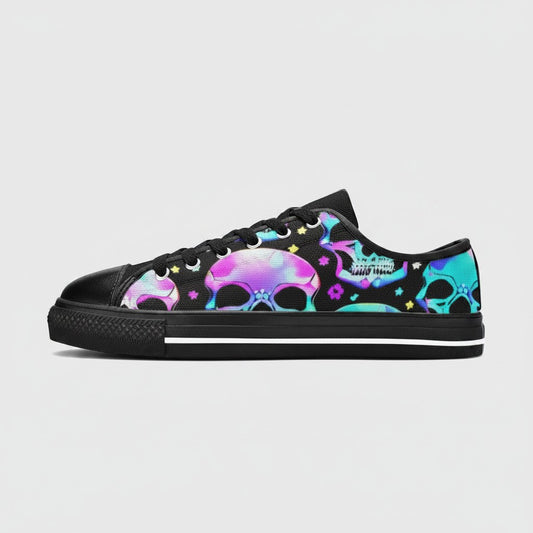 Freaky Shoes® women's black canvas low-top sneakers featuring a vibrant neon skull pattern and black rubber soles.