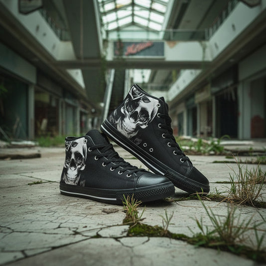 Freaky Shoes® black high-top canvas sneakers featuring a detailed cartoon skull and rose print in an abandoned mall.