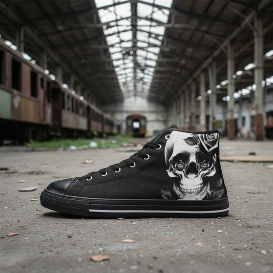 Freaky Shoes® women's black high-top canvas sneakers featuring a cartoon-style skull and rose graphic print