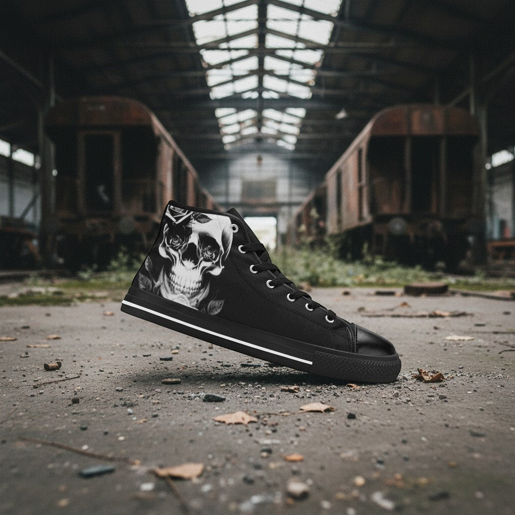 Freaky Shoes® women's black high-top canvas sneakers featuring a cartoon skull and rose graphic in an industrial setting
