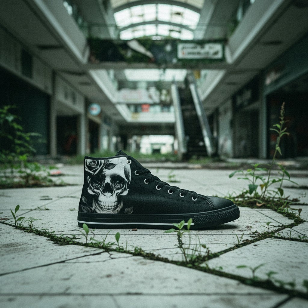 Freaky Shoes® black high-top canvas sneakers featuring a detailed cartoon skull and rose graphic on the side