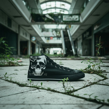 Freaky Shoes® black high-top canvas sneakers featuring a detailed cartoon skull and rose graphic on the side