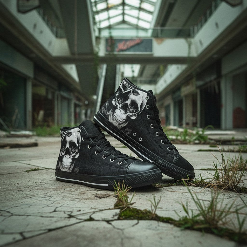 Freaky Shoes® black high-top canvas sneakers featuring a detailed cartoon skull and rose print in an abandoned mall.
