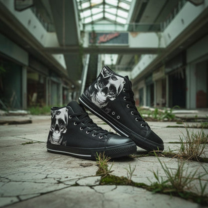 Freaky Shoes® black high-top canvas sneakers featuring a detailed cartoon skull and rose print in an abandoned mall.