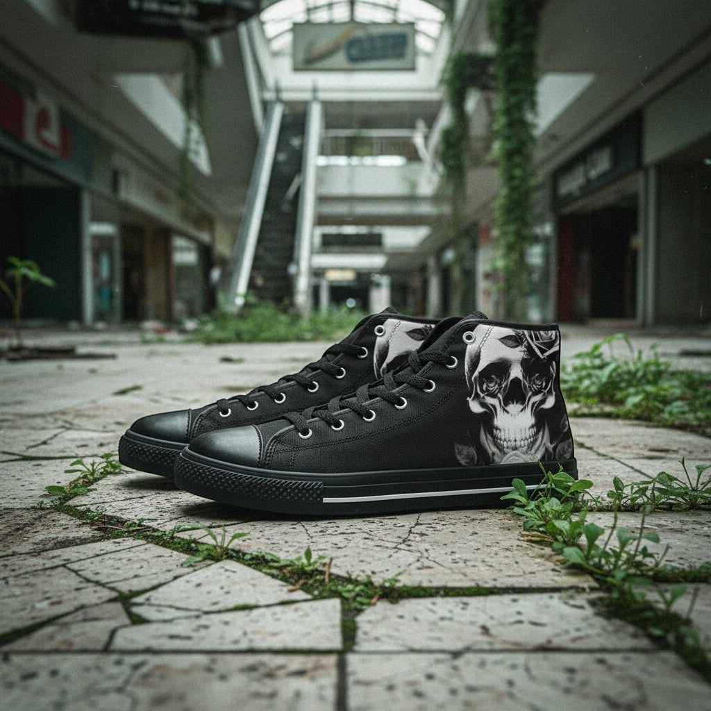 Freaky Shoes® black high-top canvas sneakers featuring a cartoon-style skull and rose print in an abandoned mall.