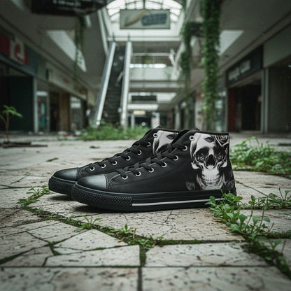 Freaky Shoes® black high-top canvas sneakers featuring a cartoon-style skull and rose print in an abandoned mall.