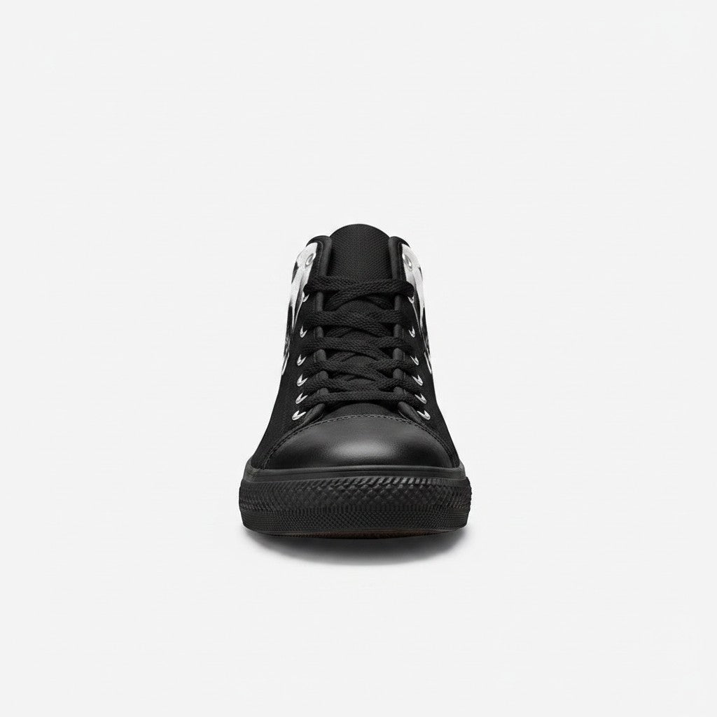 Freaky Shoes® men's black high-top canvas sneakers featuring a cartoon skulls and roses print from a front view.