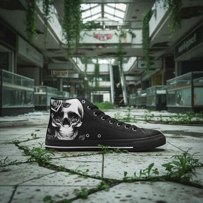 Freaky Shoes® black high-top canvas sneakers featuring a detailed cartoon skull and rose print in an abandoned mall.