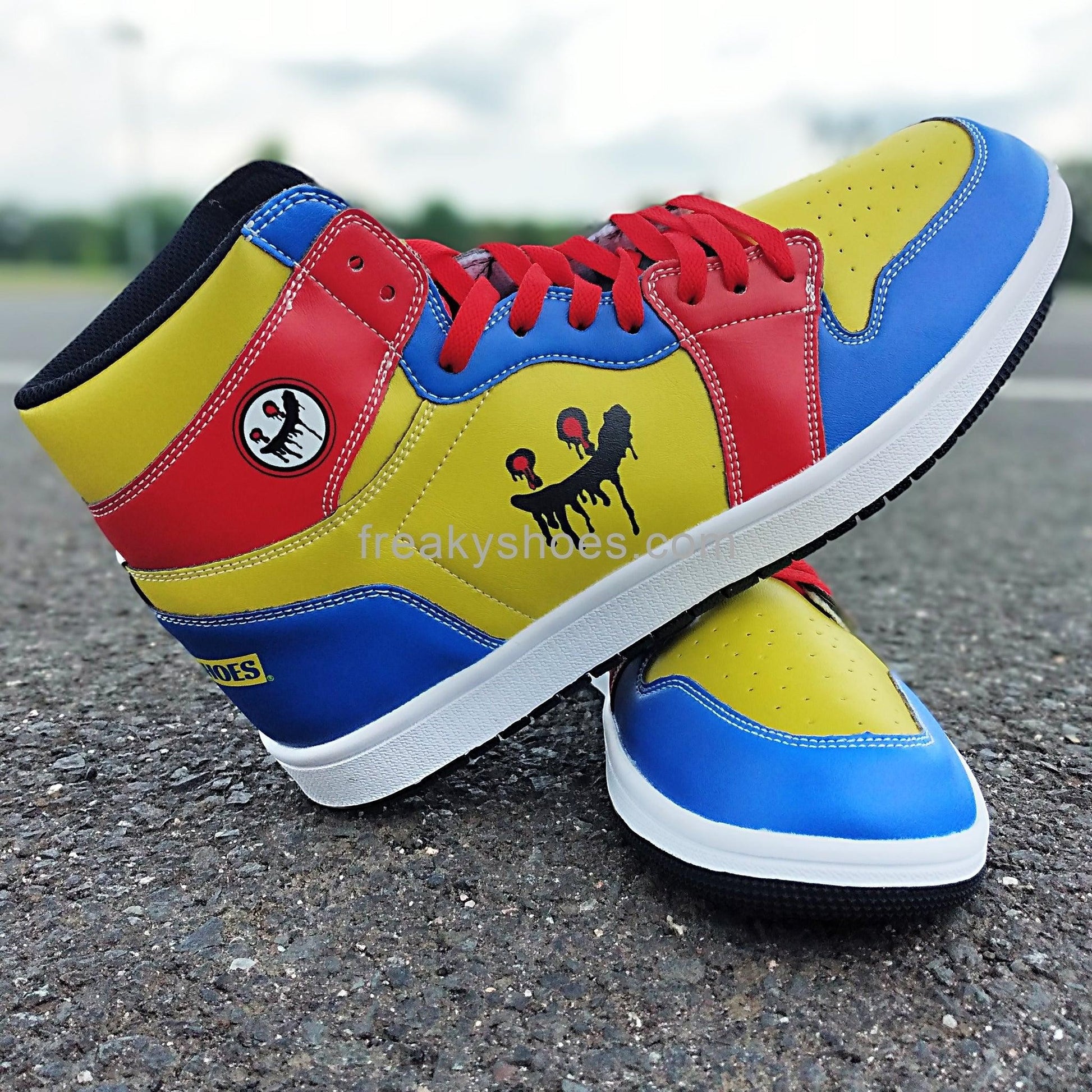Freaky Blue Yellow custom high-top canvas shoes — wearable art by Freaky Shoes