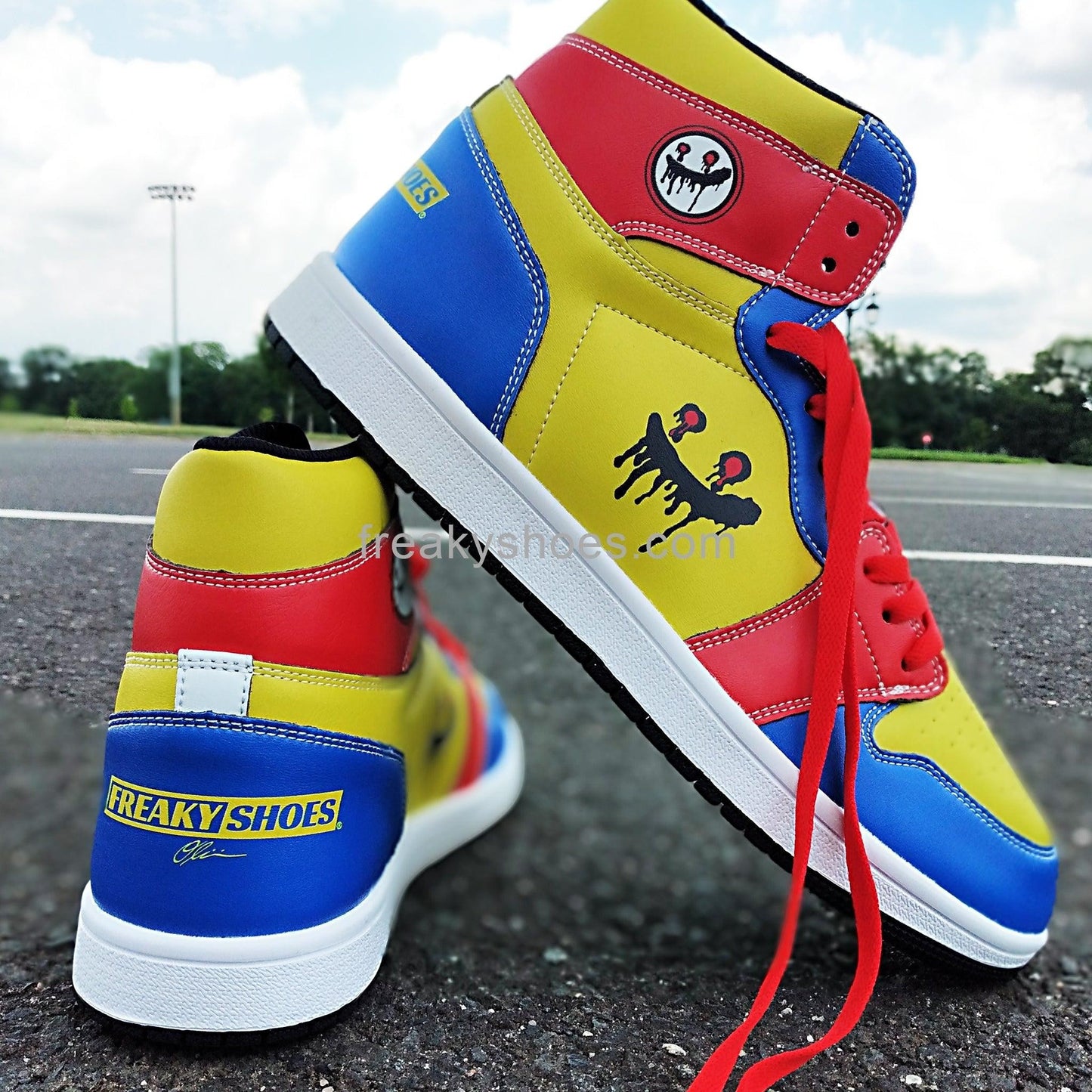 Freaky Blue Yellow hand-made high-top canvas shoes — unique wearable art by Freaky Shoes