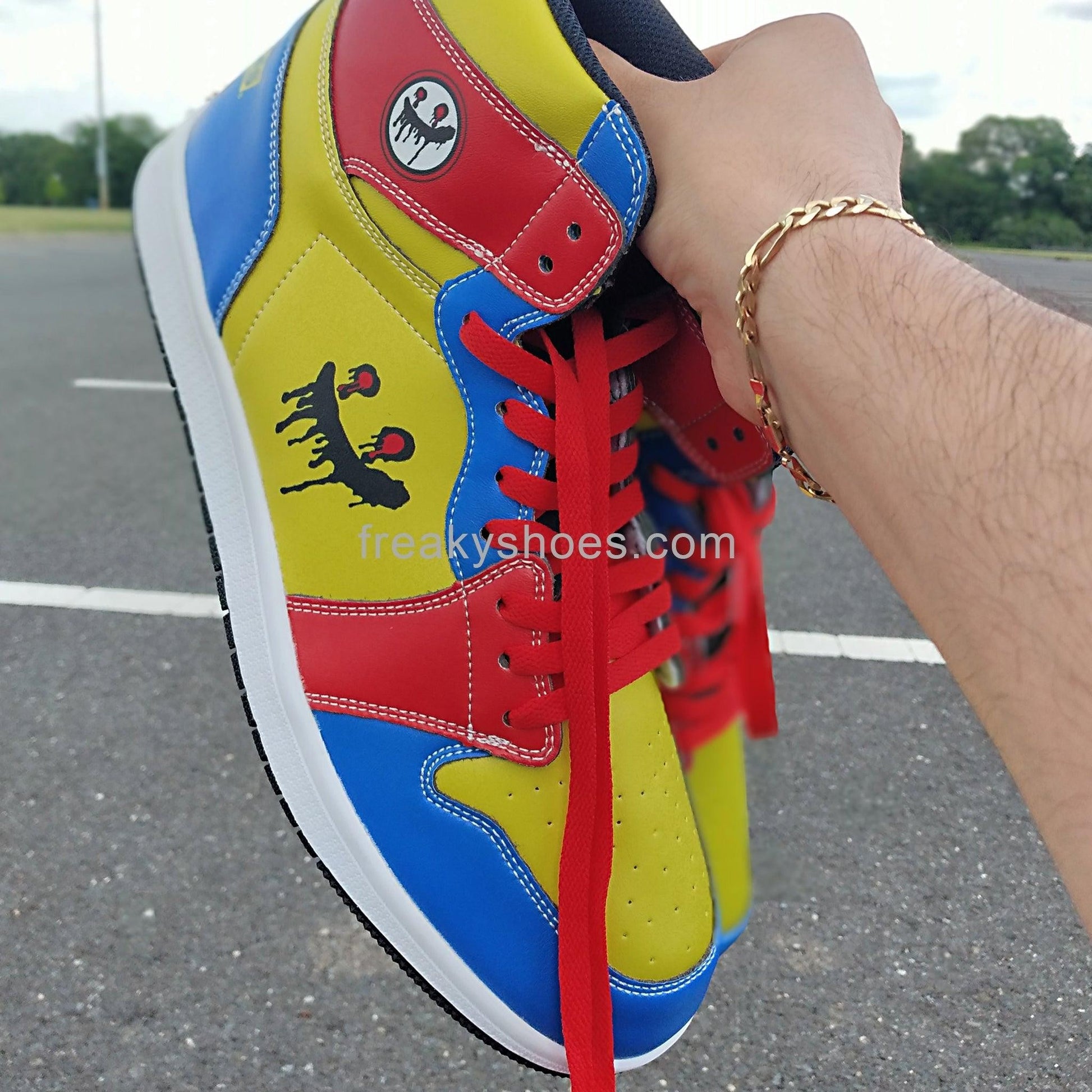 Freaky Blue Yellow custom high-top canvas shoes — wearable art by Freaky Shoes