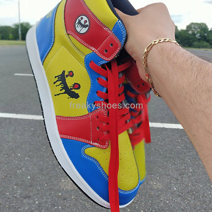 Freaky Blue Yellow custom high-top canvas shoes — wearable art by Freaky Shoes
