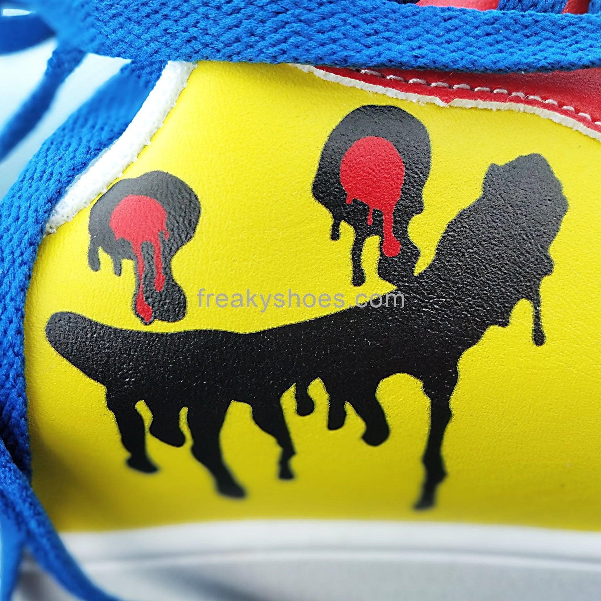 Freaky Blue Yellow high-top canvas shoes — one-of-a-kind custom printed art, Freaky Shoes