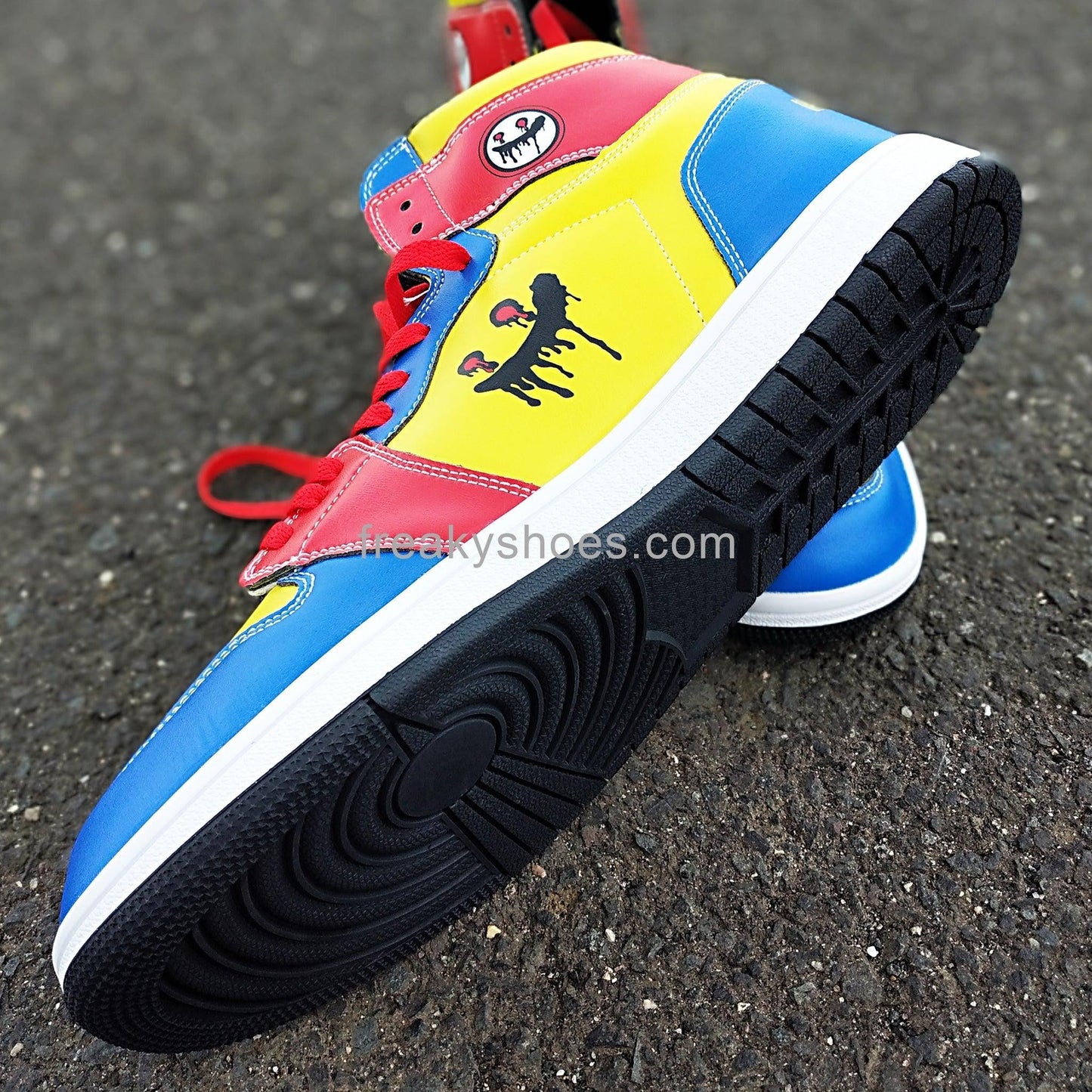 Freaky Blue Yellow hand-made high-top canvas shoes — unique wearable art by Freaky Shoes