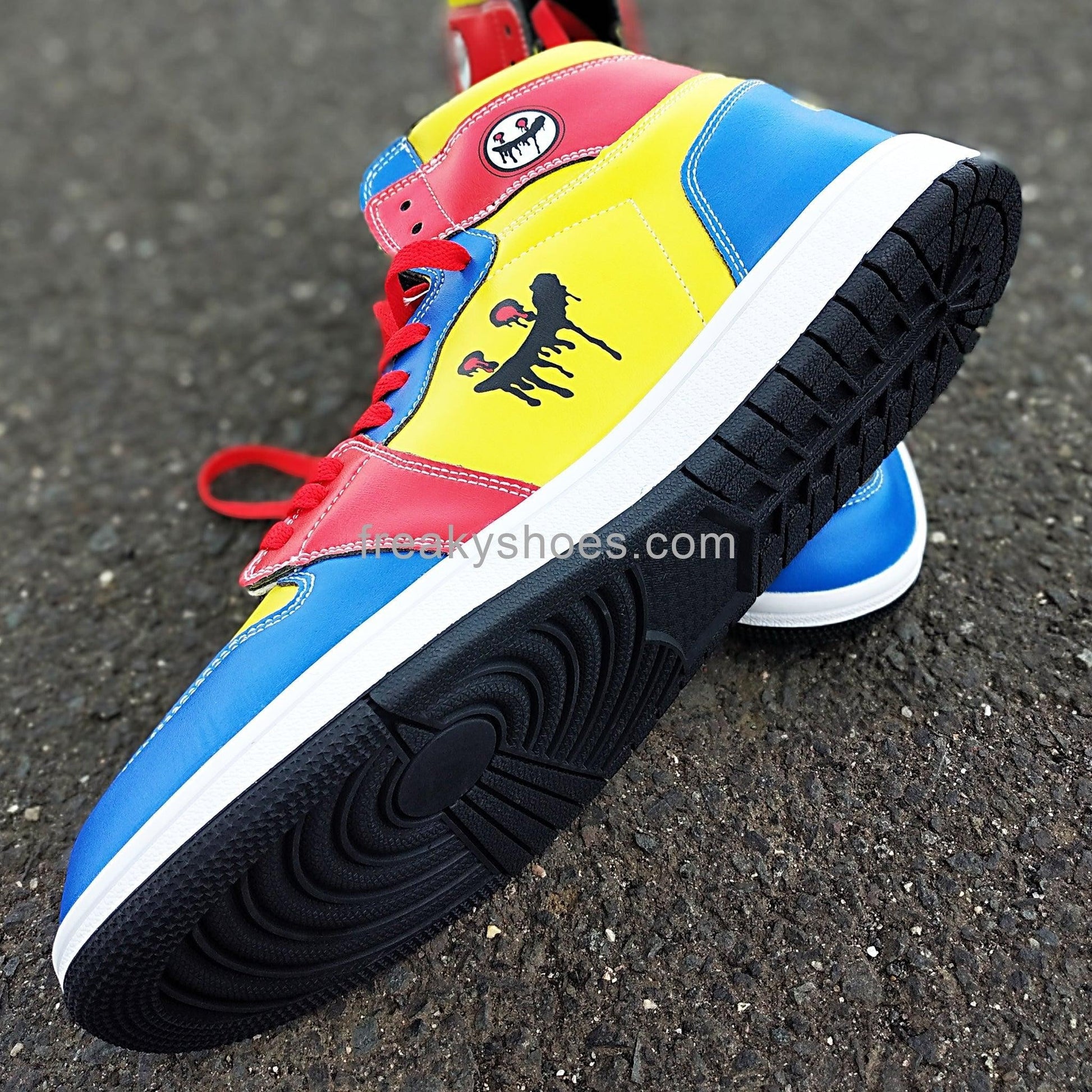 Freaky Blue Yellow hand-made high-top canvas shoes — unique wearable art by Freaky Shoes