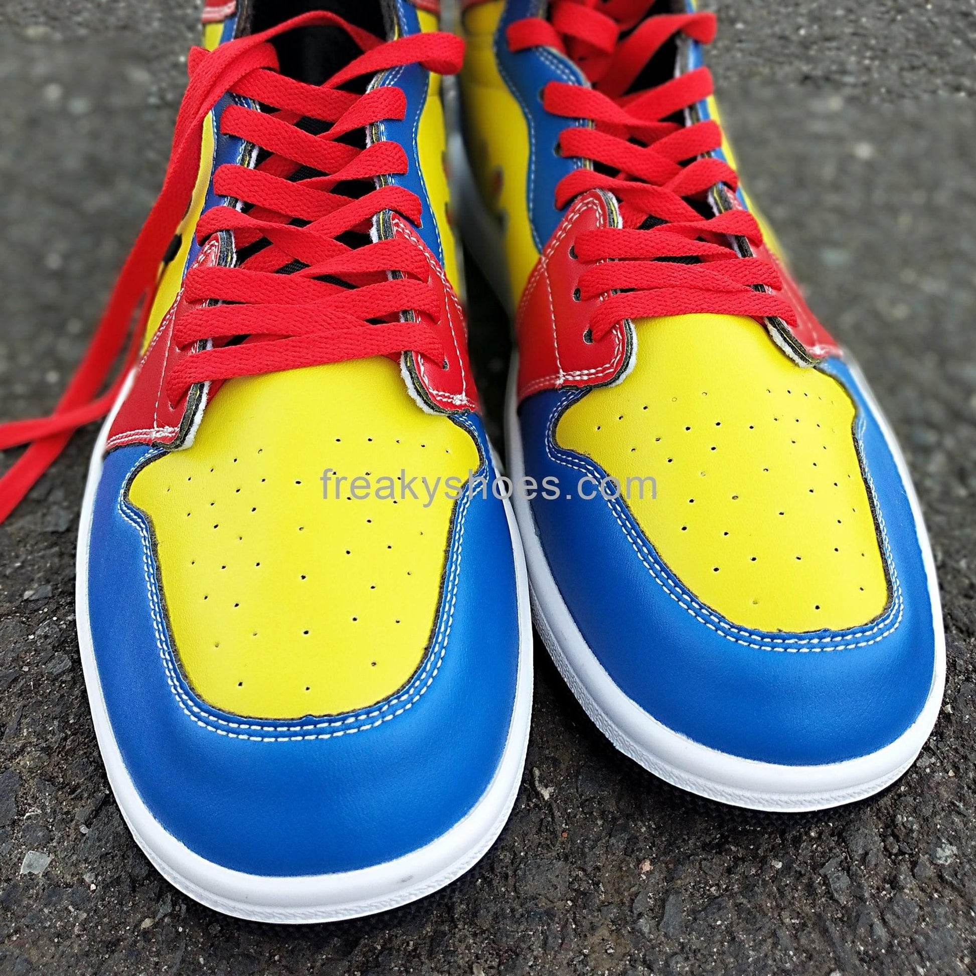 Custom Freaky Blue Yellow high-top canvas shoes with bold all-over art — Freaky Shoes